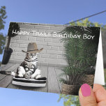Carte Funny Cowboy Hat Cat on a Vacuum Birthday Card<br><div class="desc">This template card cover features a funny gray and white cat wearing a cowboy hat riding a vacuum. Personalize the template text on the cover and inside greeting with your messages, delete the text or edit using the design too to select a font color, style, and size you like. It's...</div>