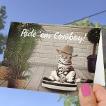 Carte Funny Cowboy Hat Cat on a Vacuum Birthday Card<br><div class="desc">This template card cover features a funny gray and white cat wearing a cowboy hat riding a vacuum. Personalize the template text on the cover and inside greeting with your messages, delete the text or edit using the design too to select a font color, style, and size you like. It's...</div>