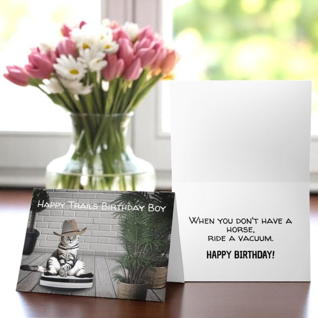 Carte Funny Cowboy Hat Cat on a Vacuum Birthday Card (funny birthday greeting card template cover and inside)