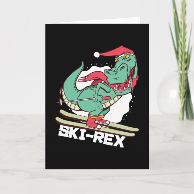 Carte Funny Dino Ski Rex Ski Noël Cadeau (Devant)