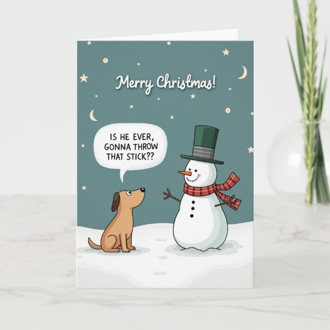 Carte Funny Dog Christmas Card Snowman Stick Fetch Joke (Devant)