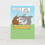 Carte Funny Excited Shark Birthday<br><div class="desc">This funny birthday card features a bear who is calling out his shark friend for peeing in the pool. Ol' Sharky got a little too excited. 

Thanks for choosing this original design by © Chuck Ingwersen. I post cartoons every day on Instagram: https://www.instagram.com/captainscratchy</div>