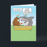 Carte Funny Excited Shark Birthday<br><div class="desc">This funny birthday card features a bear who is calling out his shark friend for peeing in the pool. Ol' Sharky got a little too excited. 

Thanks for choosing this original design by © Chuck Ingwersen. I post cartoons every day on Instagram: https://www.instagram.com/captainscratchy</div>