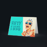 Carte Funny Fifty est le nouvel anniversaire des femmes<br><div class="desc">Envoyez une carte d'anniversaire vraiment drôle et unique à une femme qui fête ses 50 ans avec cette carte rétro glam 50th Birthday Party. Le design est composé d'une femme chic et chic avec lunettes de soleil rayées et turban aux cheveux avec un sac à pois et une serviette rayée,...</div>