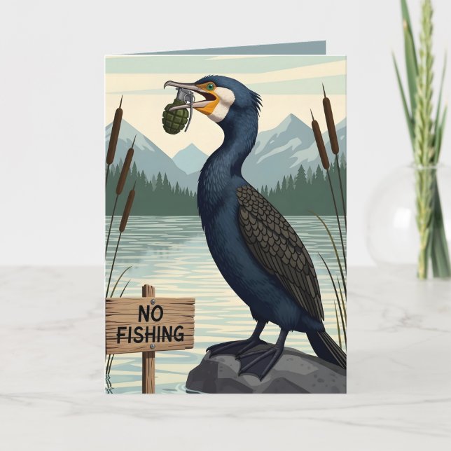 Carte Funny fishing birthday card in funny WPA art style (Devant)