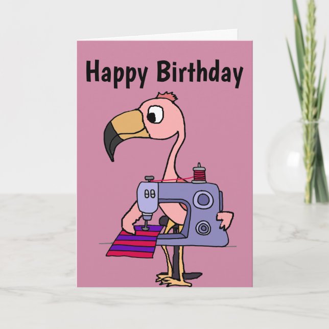 Carte Funny Flamant rose rose avec machine à coudre (Devant)