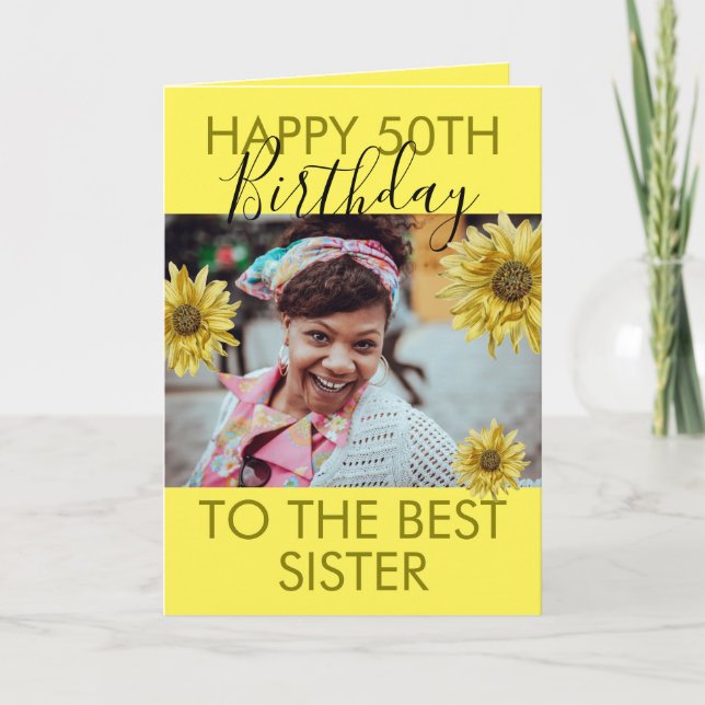Carte Funny Fleuri Jaune Soeur Photo 50e anniversaire (Devant)