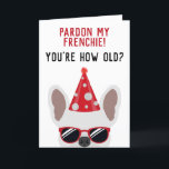 Carte Funny French Bulldog Birthday Card<br><div class="desc">Cette drôle de carte d'anniversaire de bulldog en France est sûr de mettre un sourire sur le visage du garçon ou de la fille d'anniversaire qui a un sens de l'humour. Le dessin est illustré d'un cool à l'air blanc de couleur française en bulldog portant un casquette de fête rouge...</div>