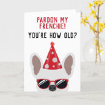 Carte Funny French Bulldog Birthday Card<br><div class="desc">Cette drôle de carte d'anniversaire de bulldog en France est sûr de mettre un sourire sur le visage du garçon ou de la fille d'anniversaire qui a un sens de l'humour. Le dessin est illustré d'un cool à l'air blanc de couleur française en bulldog portant un casquette de fête rouge...</div>