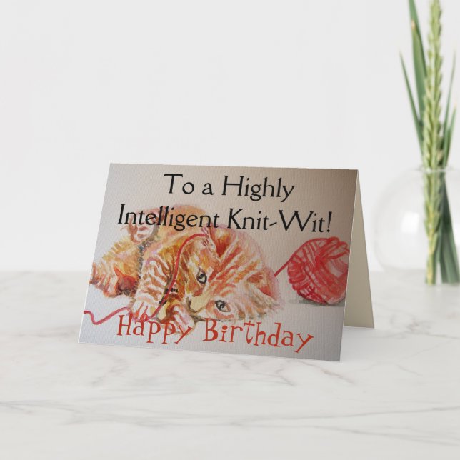 Carte Funny Ginger Chat Tricot Knit Laine Anniversaire C (Devant)