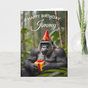 Carte Funny Gorilla avec cadeau dans la jungle Anniversa