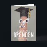 Carte Funny Graduation Félicitations Classe de 2023<br><div class="desc">Cette drôle de carte de félicitations de remise de diplômes comporte une marionnette portant une casquette noire et un visage dessiné à la main. Avant de la carte dit,  "Félicitations,  Brenden (remplacer par votre propre nom) Classe de 20xx". Conçu par un artiste de renommée mondiale ©Tim Coffey.</div>