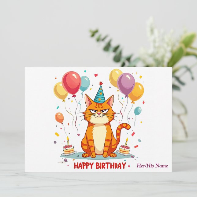 Carte Funny Grumpy Cat Birthday Card – Balloon Overload (Debout devant)
