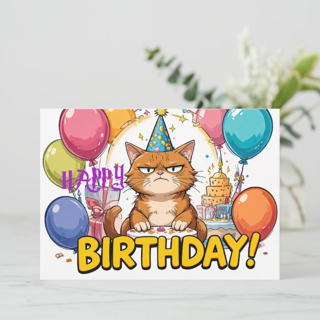 Carte Funny Grumpy Cat Birthday Card – Cartoon Party Hum (Debout devant)