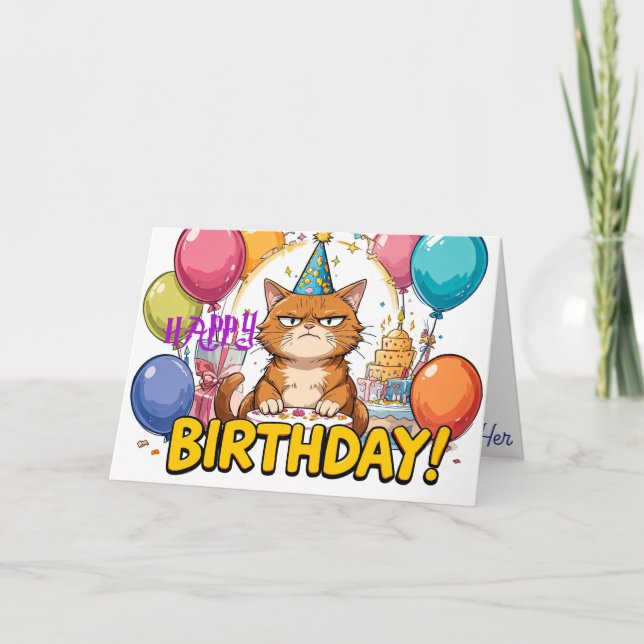 Carte Funny Grumpy Chat Birthday Card - Cartoon Party Hu (Devant)