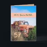 Carte FUNNY Happy 57th Birthday - Vintage Orange Truck<br><div class="desc">Cette carte avec son camion vintage dans un champ est une façon amusante de souhaiter un joyeux anniversaire à un gars très spécial. Tout le texte est personnalisable.Une carte amusante et unique ! Pour voir plus de mes cartes d'anniversaire, tapez l'année de votre choix, puis tapez ou collez dans la...</div>