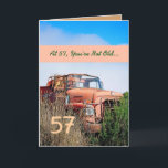Carte FUNNY Happy 57th Birthday - Vintage Orange Truck<br><div class="desc">Cette carte avec son camion vintage dans un champ est une façon amusante de souhaiter un joyeux anniversaire à un gars très spécial. Tout le texte est personnalisable.Une carte amusante et unique ! Pour voir plus de mes cartes d'anniversaire, tapez l'année de votre choix, puis tapez ou collez dans la...</div>