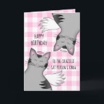 Carte Funny happy birthday cartoon style angel cats<br><div class="desc">My cartoon drawing of a gray tabby cat showing it's angelic side on a background of light pink gingham. Change any of the text for any other occasion.</div>