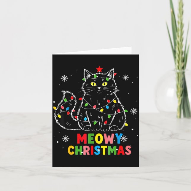 Carte Funny Meowy Christmas Xmas Lights Black Cat Pajama (Devant)