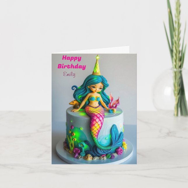 CARTE FUNNY MERMAID THEMEME ANNIVERSAIRE DE ENFANT CAKE (Devant)