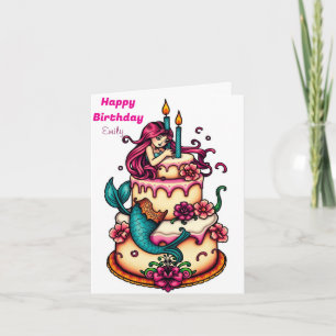 CARTE FUNNY MERMAID THEMEME ANNIVERSAIRE DE ENFANT CAKE