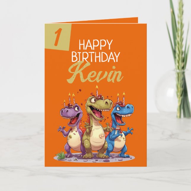 Carte Funny Orange & Green Candle Trex Garçon 1er annive (Devant)