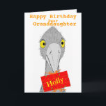 Carte Funny Ostrich, Granddaughter, add name, Birthday<br><div class="desc">A drawing of a cute and funny oø oø a gift with recipients name on it. Fully customisable birthday card card. Versions for son,  daughter,  granddaughter,  Grandson,  or change the text.</div>