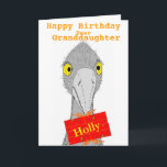 Carte Funny Ostrich, Granddaughter, add name, Birthday<br><div class="desc">A drawing of a cute and funny oø oø a gift with recipients name on it. Fully customisable birthday card card. Versions for son,  daughter,  granddaughter,  Grandson,  or change the text.</div>