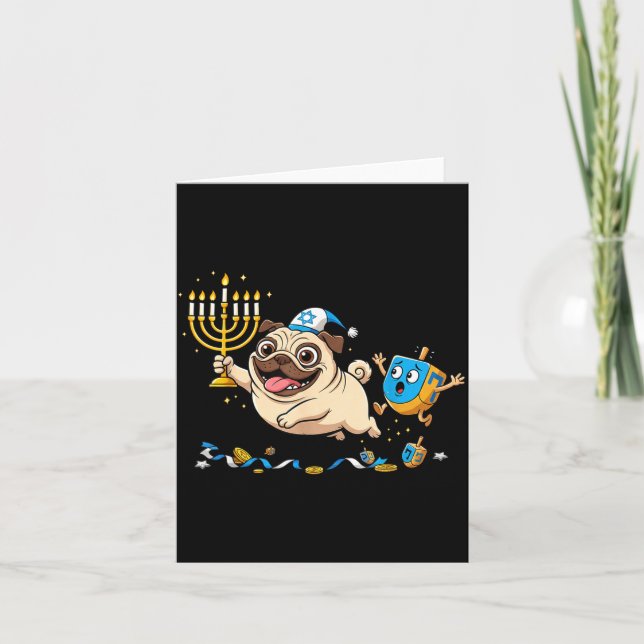 Carte Funny Pug Dreidel Menorah Hanukkah Kids Womens Men (Devant)