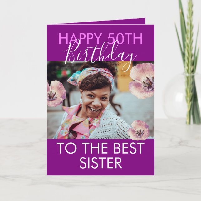 Carte Funny Purple Floral Photo Sister 50th Birthday (Devant)