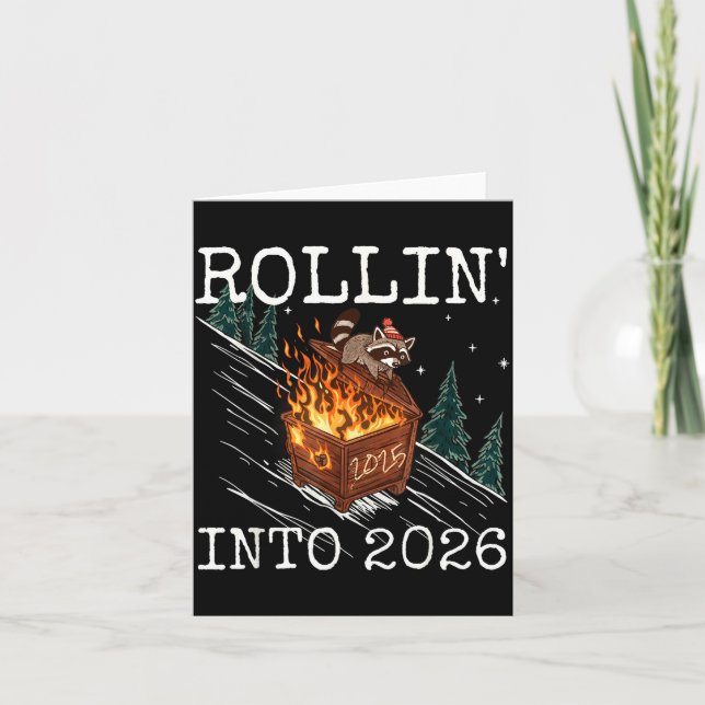 Carte Funny Raccoon Rolling Into 2026 Retro New Year 202 (Devant)