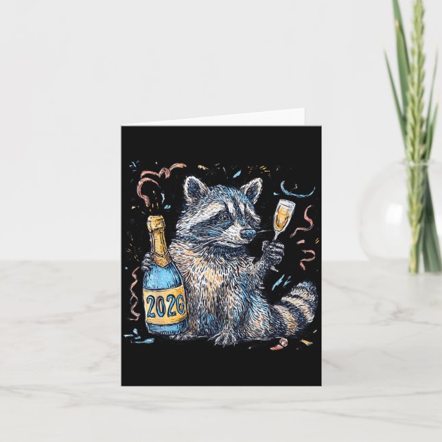 Carte Funny Raccoon With Champagne Disco Ball New Years  (Devant)