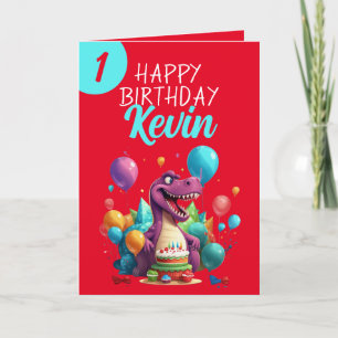 Carte Funny Red et Turquoise Trex Boy 1er anniversaire