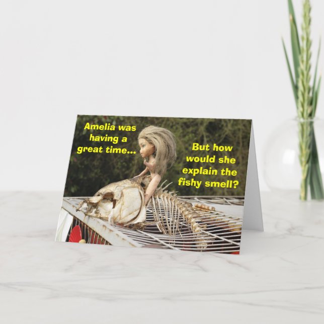 Carte Funny & Rude Doll Riding A Dead Carp Fish, Card. (Devant)
