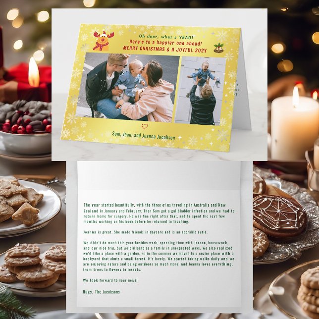 Carte Funny Rudolph Oh Deer Merry Xmas 2 Photos Golden (Cute Funny Modern Oh Deer What a Year Rudolph Snow Merry Xmas Joyful New Year 2 Photos Letter Golden)