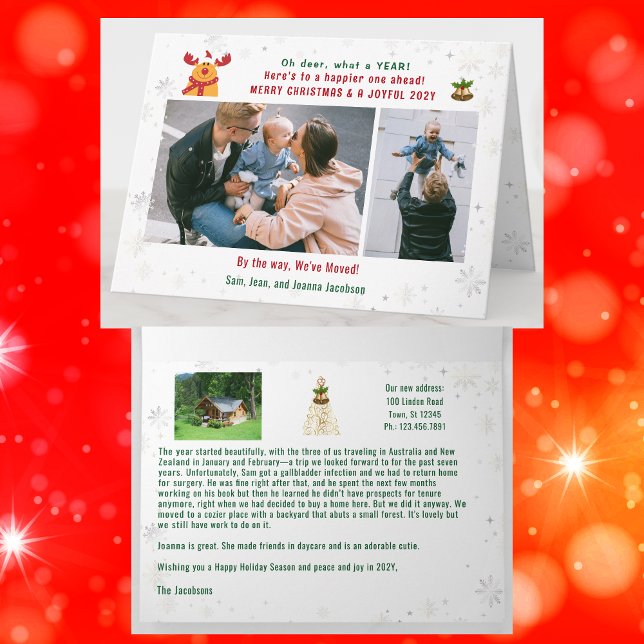 Carte Funny Rudolph Oh Deer Nous avons déplacé 3 Photos  (Funny Rudolph Oh deer what a year Christmas card. 3 Photos. We've Moved. Cute, festive snowflakes)