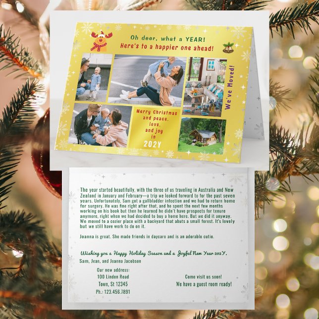 Carte Funny Rudolph Oh Deer Nous avons déplacé 5 Photos  (Modern, elegant, funny Rudolph Xmas We've Moved Announcement. 5 Photos. Peace, Love, Joy. Snowflakes)