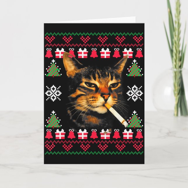 Carte Funny Smoking Cat Meme Ugly Christmas Sweater For  (Devant)