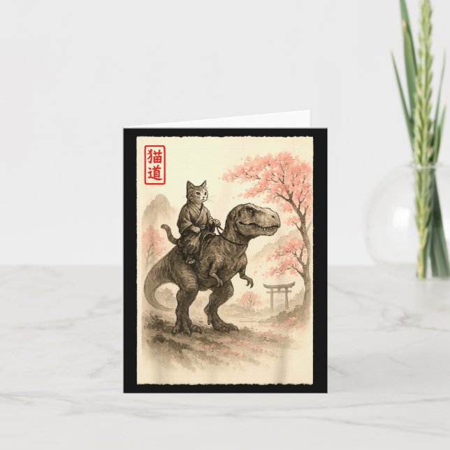 Carte Funny Sumi-e Kawaii Cat Riding Dinosaur Japanese A (Devant)