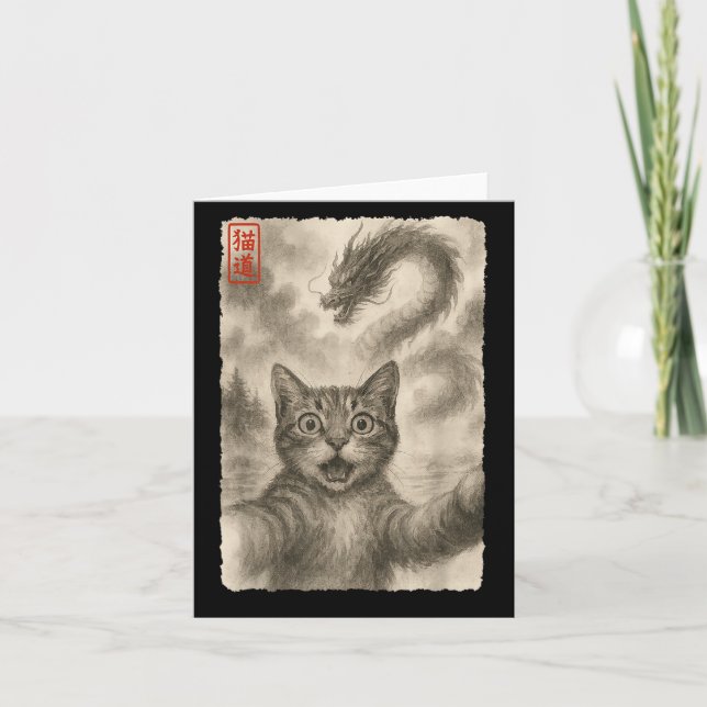 Carte Funny Sumi-e Kawaii Surpris Chat effrayé Selfie Wi (Devant)