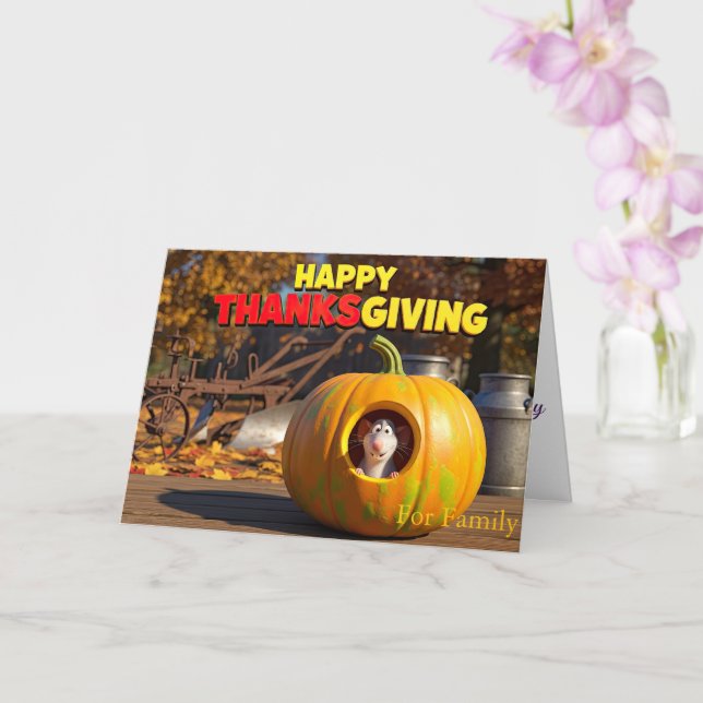 Carte Funny Thanksgiving Card avec Rat et Citrouille (Orchidée)
