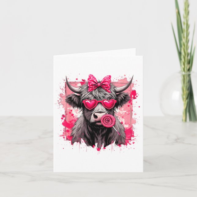 Carte Funny Valentine Highland Cow Lollip Heart Art Nk L (Devant)