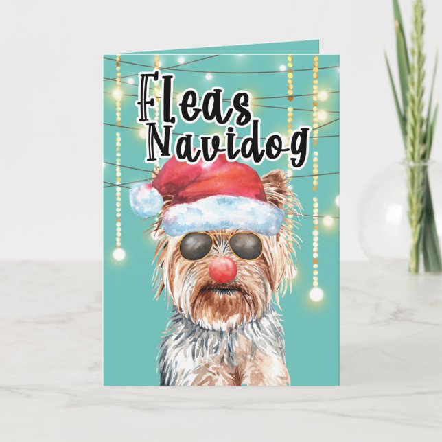 Carte Funny Yorkie Père Noël en lumières joyeuses vacanc (Devant)