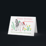 Carte Funny Zebra Birthday Card<br><div class="desc">Un zèbre attend patiemment pendant que ses rayures sont roses de couleur. Elle adore le nouveau look, mais ça prend tellement de temps à faire. Ajoutez le nom (et la relation) à l'avant de la carte et du texte à l'intérieur.Entièrement personnalisable, donc faites-le personnel. cartes dans mes deux magasins, zazzle.com/artistjandavies...</div>