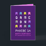 Carte Game on pixel monsters gamer sister 14e jour<br><div class="desc">Purple and pink,  blue and yellow colorful alien monster graphic characters on dark purple,  personalized 14th sister birthday card. Fun crazy block graphic pixel 3d crazy monsters aliens video gaming themed sister or other birthday card. Other matching items are available. Designed by www.mylittleeden.com on Zazzle.</div>