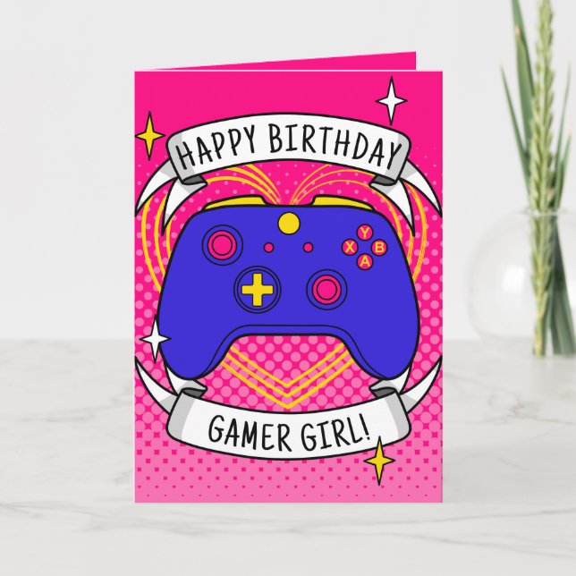 Carte Gamer Girl Blue Controller Anniversaire (Devant)