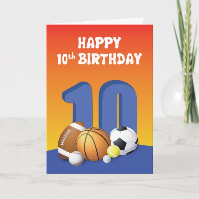 Carte Garçon 10e anniversaire des balles de sport (Devant)
