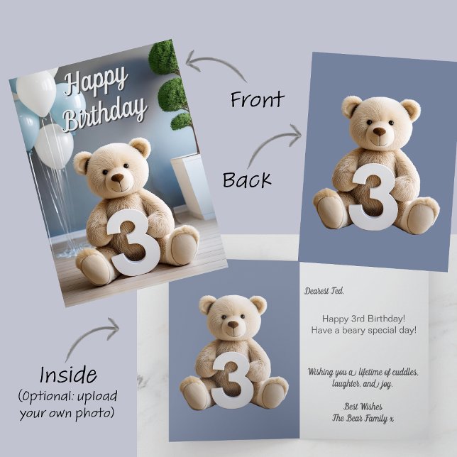 Carte Garçon 3e anniversaire mignon ours ours en peluche (Baby boy 3rd third birthday card. Blue & white balloons. White teddy bear holds number 3)