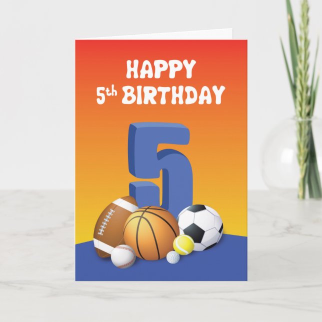 Carte Garçon 5e anniversaire Sports Balls (Devant)