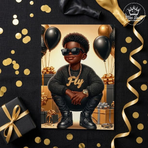 Carte Garçon Afro-Américain Anniversaire Noir et Or